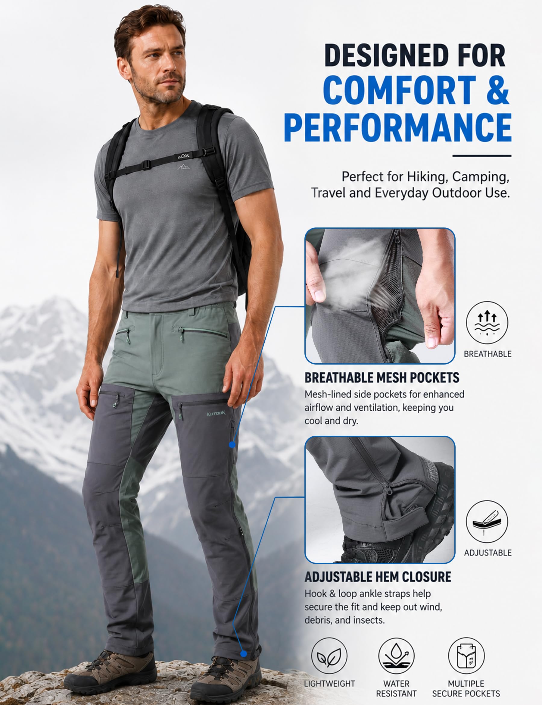 KUTOOK Pantaloni Trekking Uomo Pantaloni Cargo Uomo Pantaloni da Lavoro Traspiranti Resistente Temperatura 10-30°per Campeggio, Pesca, Montagna, Arrampicata