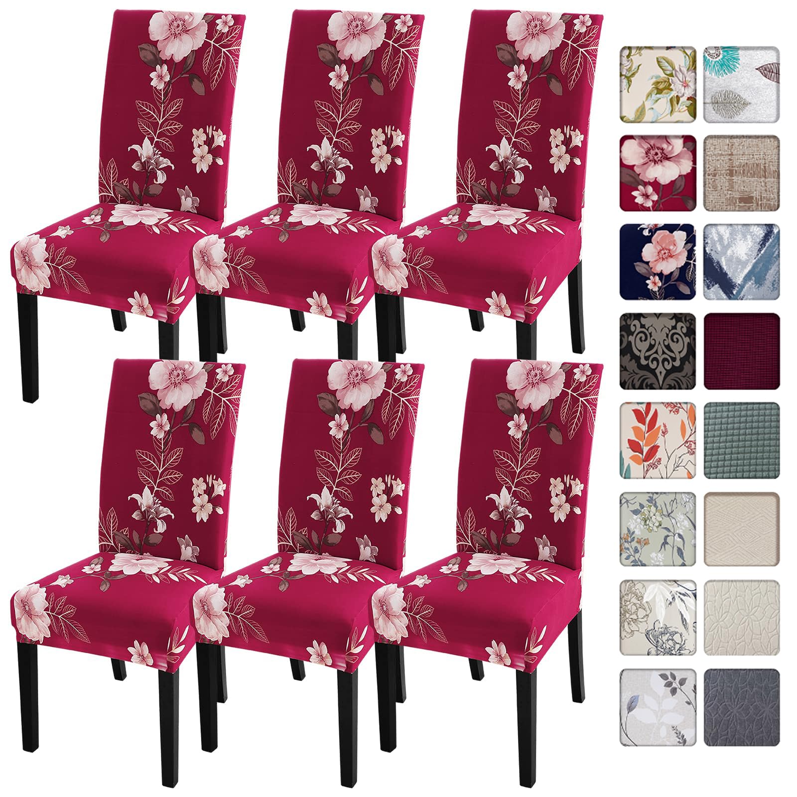 SearchI Dining Room Chair Covers Slipcovers Set of 6, Spandex Super Fit Stretch Removable Washable Kitchen Parsons Chair Covers Protector for Dining Room,Hotel,Ceremony,Red+Flowers