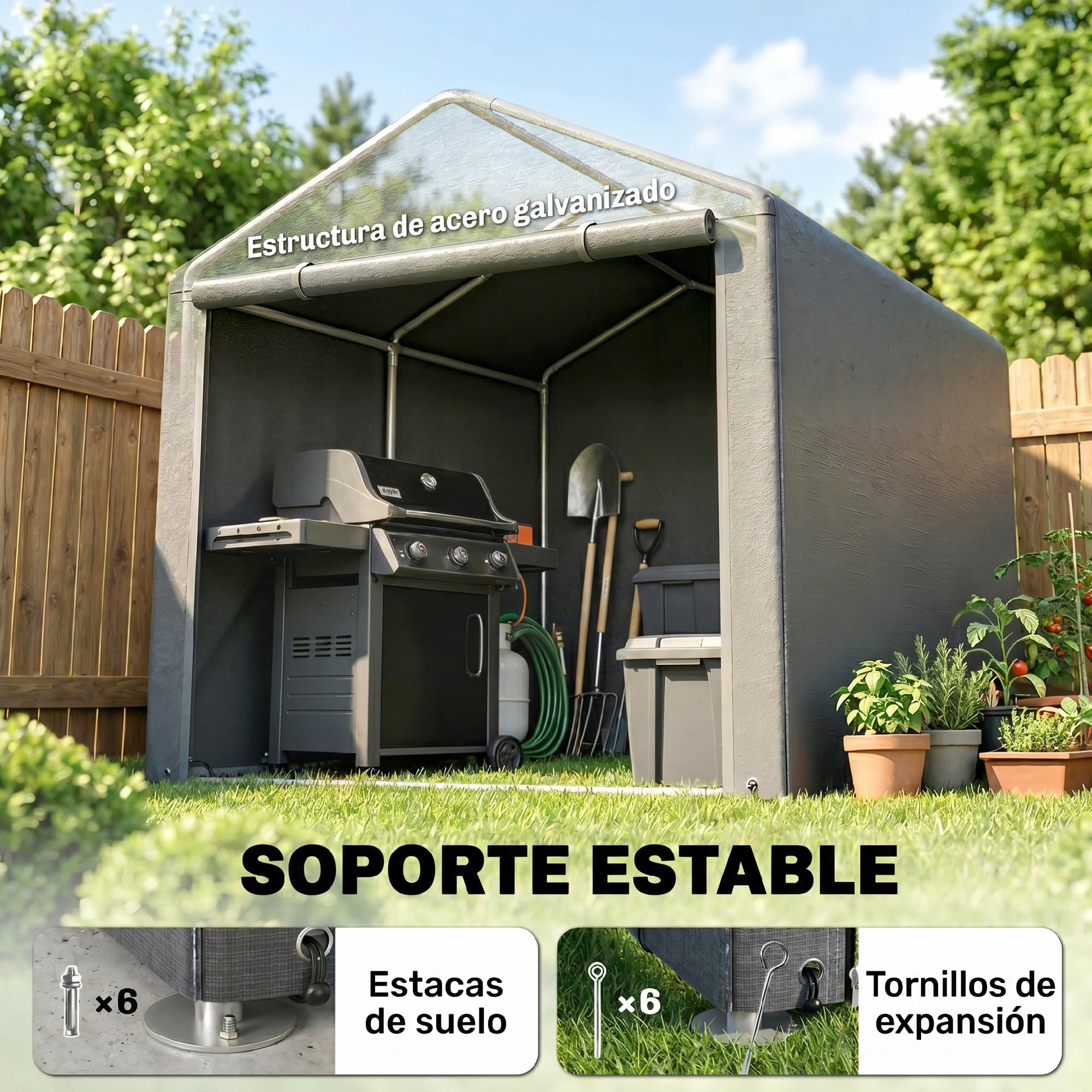 Outsunny Carpa de Jardín Exterior 2 Habitaciones 1,6x2,2x1,7 m Gris Claro | para Herramientas Bicicletas, Cobertizo Exterior, Puerta Enrollable con Cremallera, Impermeable Anti-UV, Garaje Portátil