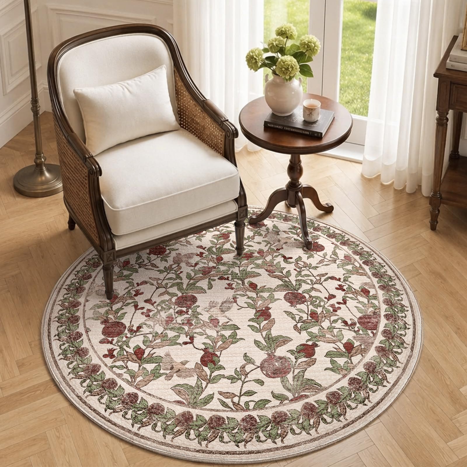 TOPICK Floral Pomegranate & Bird Design Round Rugs for Living Room 120cm, Machine Washable Soft Circle Rugs for Bedroom, Anti Slip Short Pile Area Rug, Lightweight Stain Resistant Rug, Beige Red — image 1