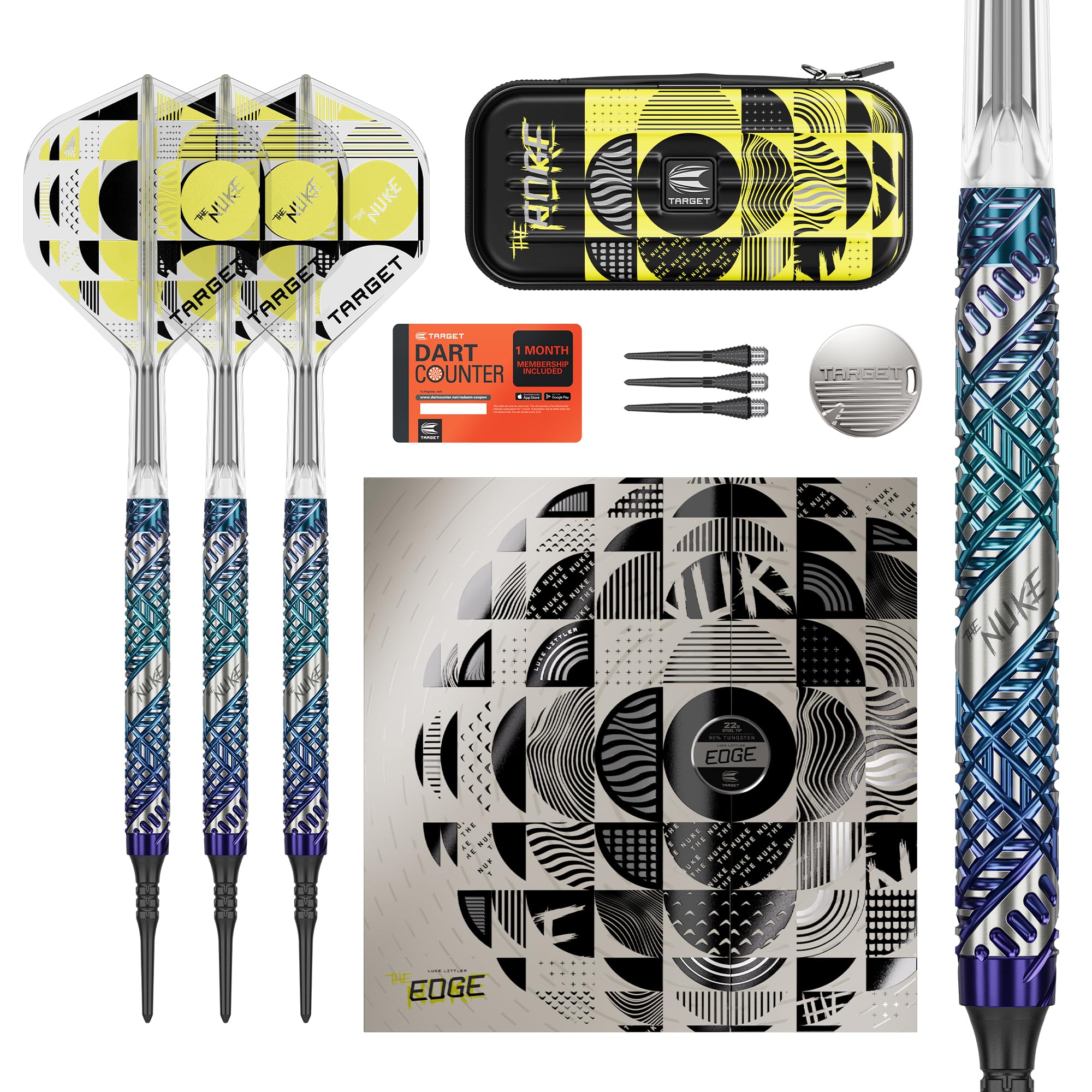 Target Darts Luke Littler Edge Soft Pixel Tip Dart Set 19g 95% Wolfram The Nuke Player Edition Takoma Etui K-Flex Nr.2 Flügeln dartpfeile mit Kunststoffspitze Dart Pfeile