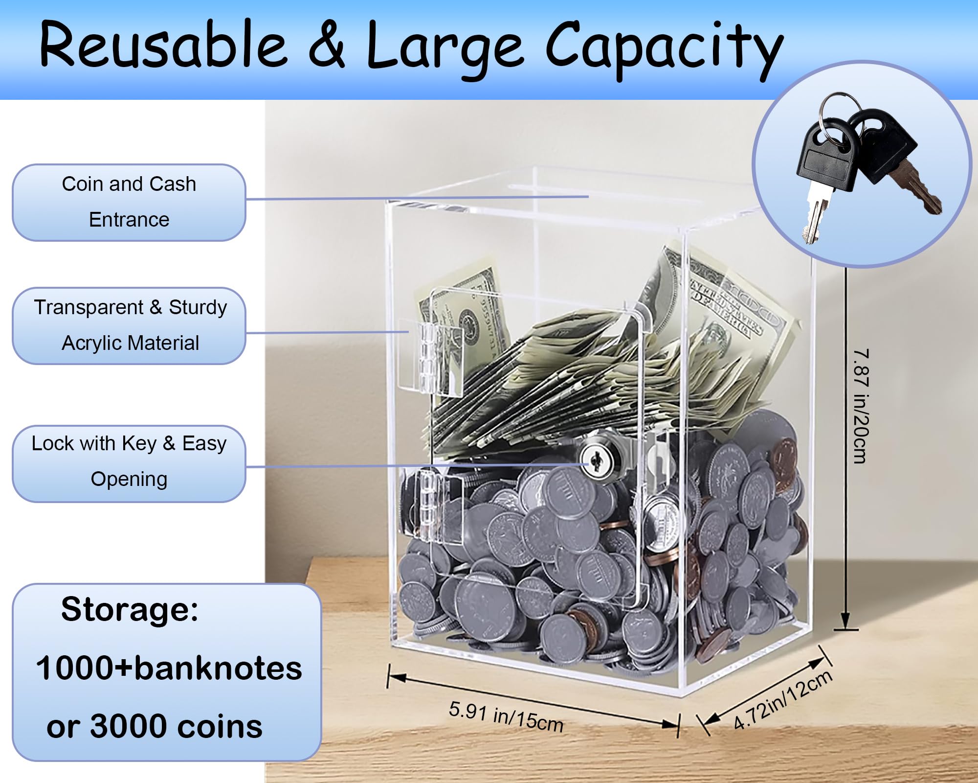 Acrylic Clear Piggy Bank with Lock for Adults Kids, Big Money Bank Cash Vault Openable, Coin Bank, DIY Money Saving Box Reusable with 10k, 5k, 3k, 2k, 1k Money Targets, Change Jar for Birthday