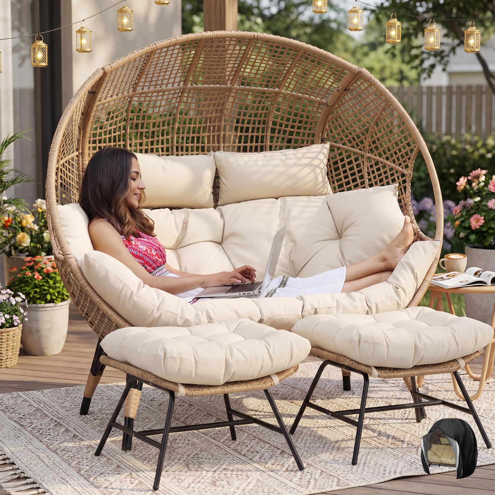 NICESOUL Indoor Outdoor Stationary Double Egg Chair with Ottoman Padded Cushions, 57.1" Plus Size XL Wicker Chair Deep Seating with Footrests, 2 Person Loveseat for Patio Porch Balcony Cream Beige