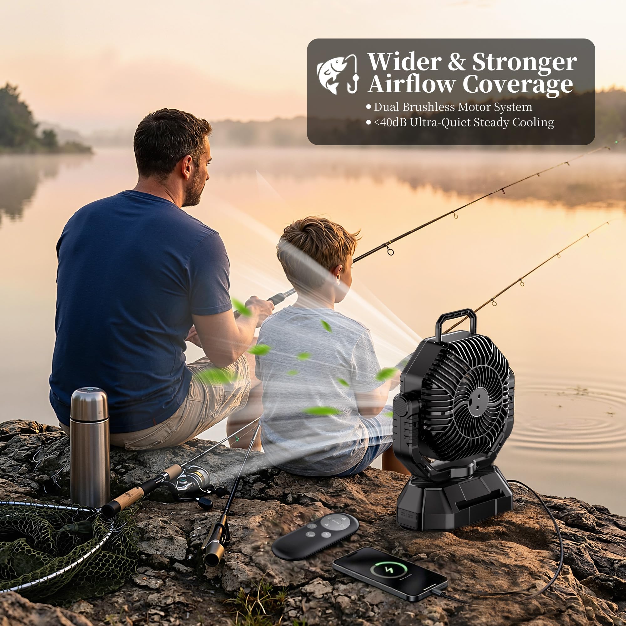 VTHW Camping Ventilator, 20000mAh Wiederaufladbarer Ventilator mit LED Licht & Haken, 270° Drehung, Stufenlose Geschwindigkeit, Timer-Modus, USB Tischventilator für Indoor Outdoor (Schwarz)