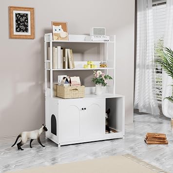 Cat Litter Box Enclosure with 3-Tier Storage – 89x45x132cm Hidden Wooden Furniture with Double Doors & Separate Partition, Multi-Functional Cat House Bookshelf for Bedroom & Living Room – White