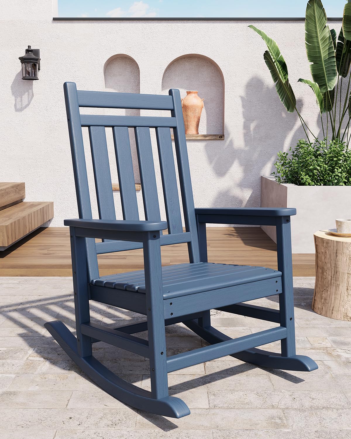 GarveeTech Silla Mecedora de HDPE para Jardín y Exteriores - Respaldo Alto, Estilo Adirondack, Resistente a Todo Clima, Diseño Ergonómico, Imitación Madera Ideal para Patio, Porche o Terraza - Azul