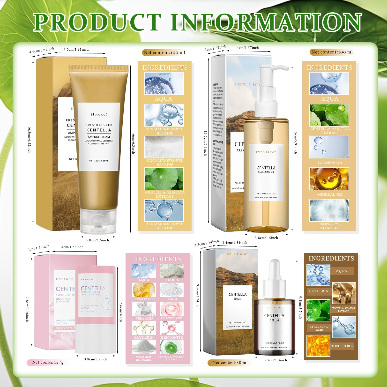4 Pezzi Centella Kit, Centella Cleansing Oil + Centella Detergente Viso | Centella Siero Viso + Centella Stick Mask, Skincare Kit, Nutrire, Delicato e Leggero, per Pelli Sensibili
