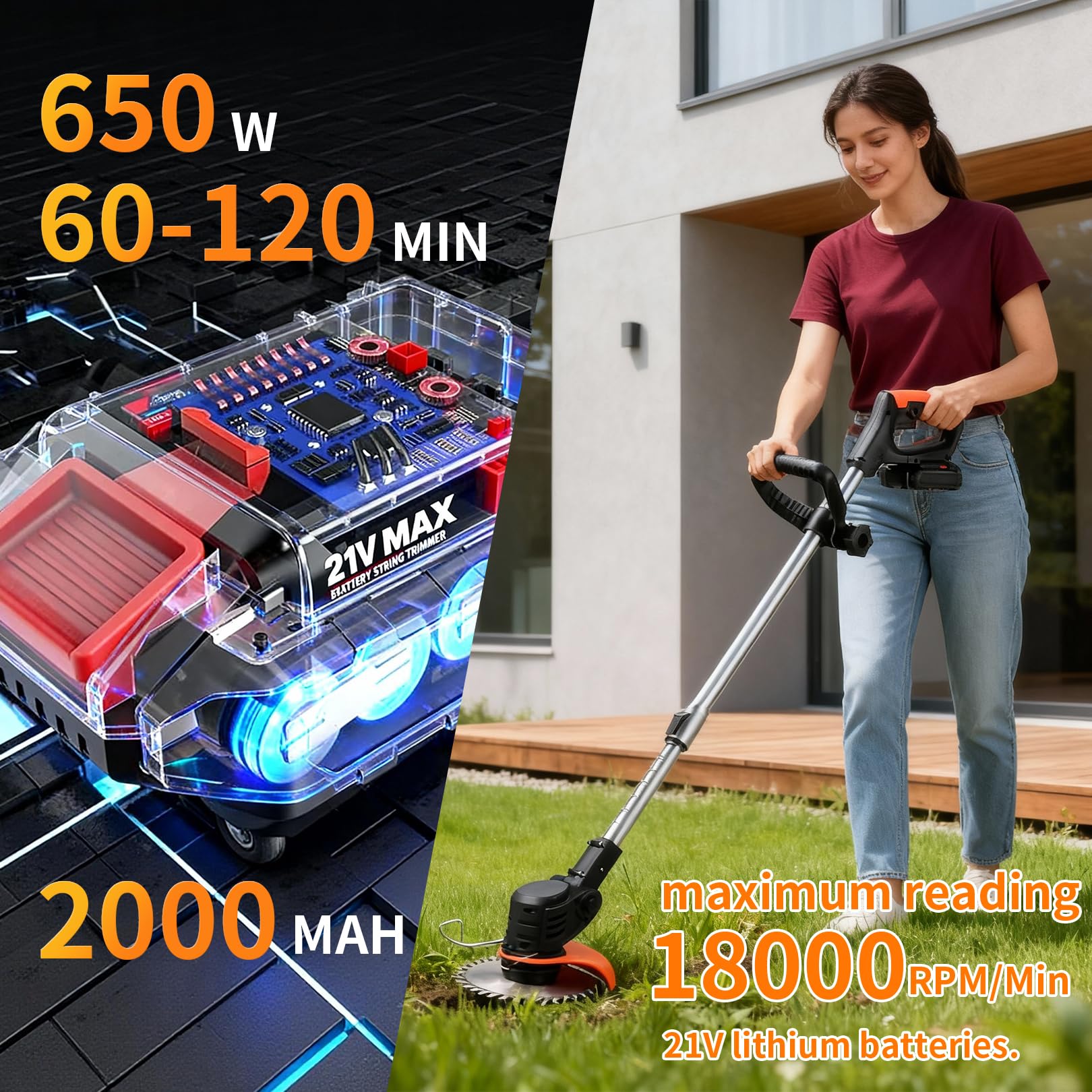Strimmer,Cordless strimmer with 2 * 21V 2.0Ah batteries, Metal blade strimmers with 3 types of blades, Height Adjustable Battery strimmers/Garden strimmer/Electric strimmer for garden, lawn,villa - 3