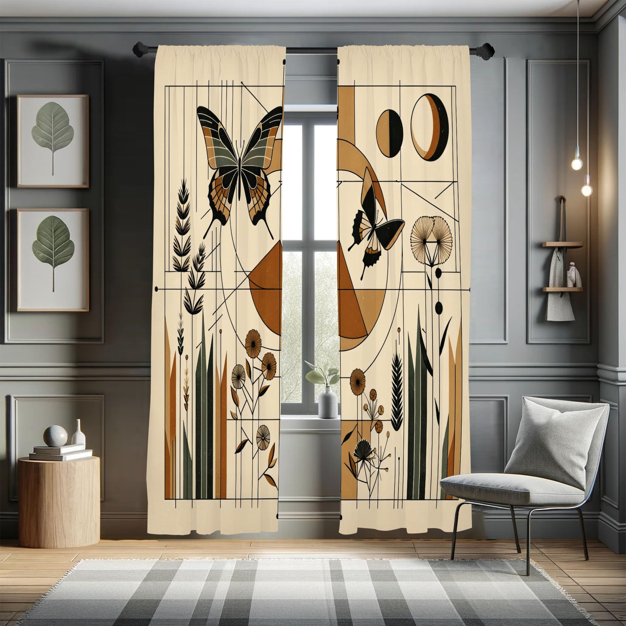 Ambesonne Mid Century Modern Window Curtains, Esoteric Wingy Moth Geometric Wilderness Rounds and Lines, Lightweight Decorative 2-Panel Set & Rod Pocket, Pair of - 28