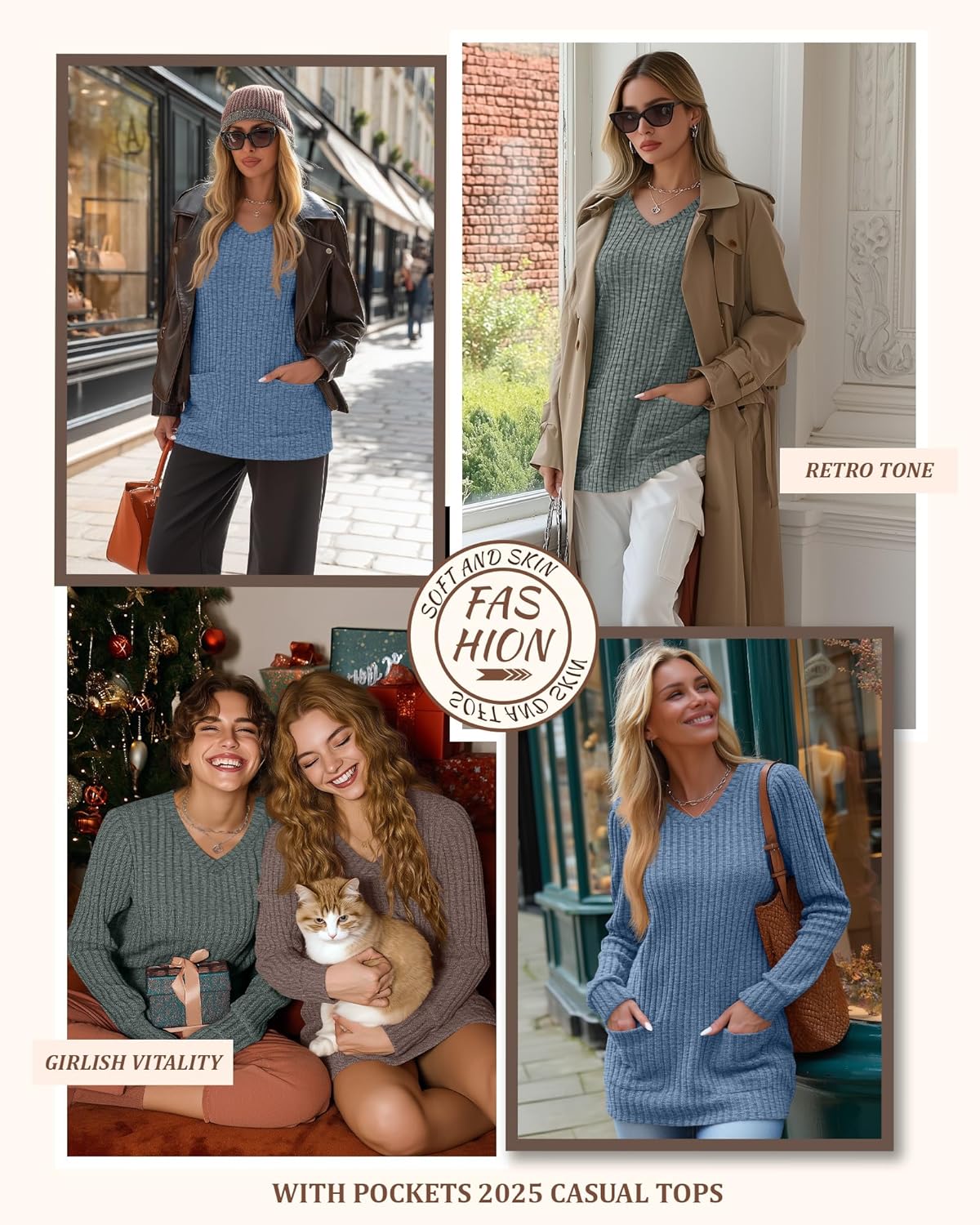 3 Pack Women's Long Sweaters to Wear with Leggings Long Sleeve V Neck Tunic Sweaters with Pockets 2026 Casual Tops - Image 2