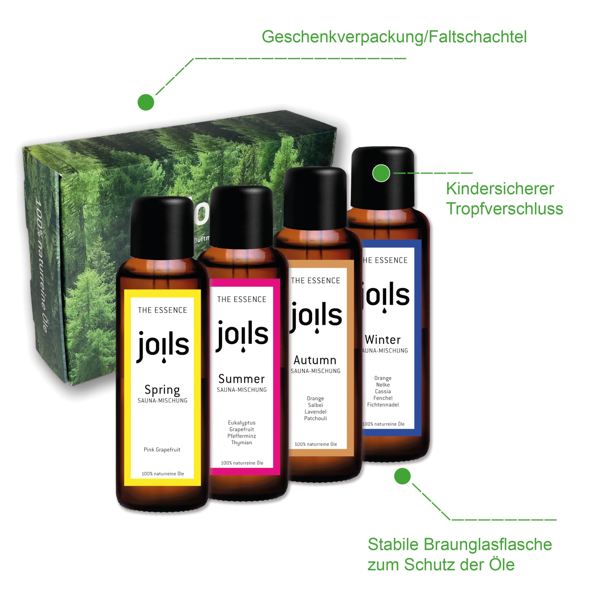 JOILS® Saunaaufguss Set "4-Jahreszeiten", 4x100ml, 100% naturreines Öl für Ihre Sauna, BIO-Saunaöl im Geschenkset, vom Familienbetrieb aus dem Schwarzwald, handabgefüllt