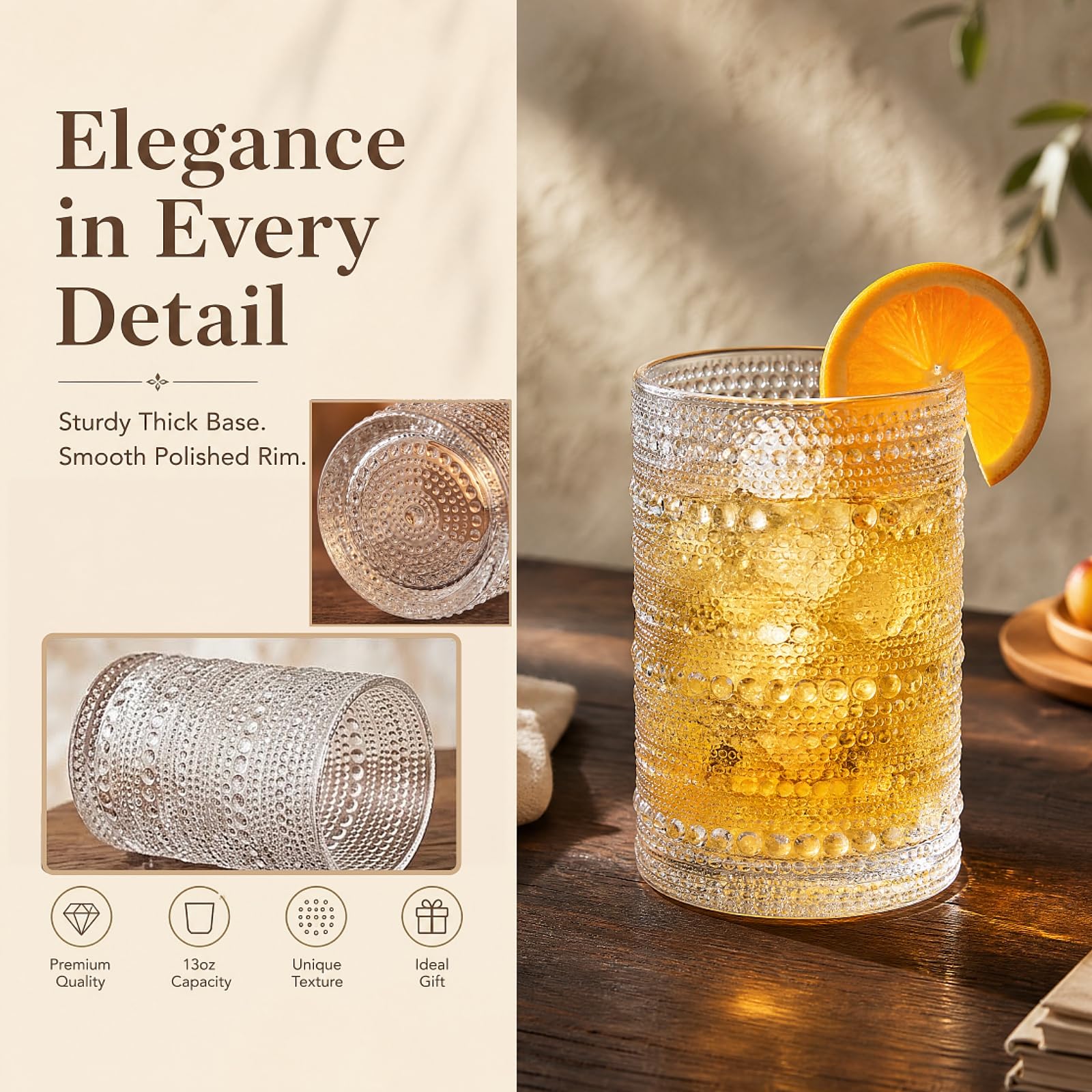Amazon.com | ZOOFOX Set of 6 Vintage Hobnail Drinking Glasses, 13