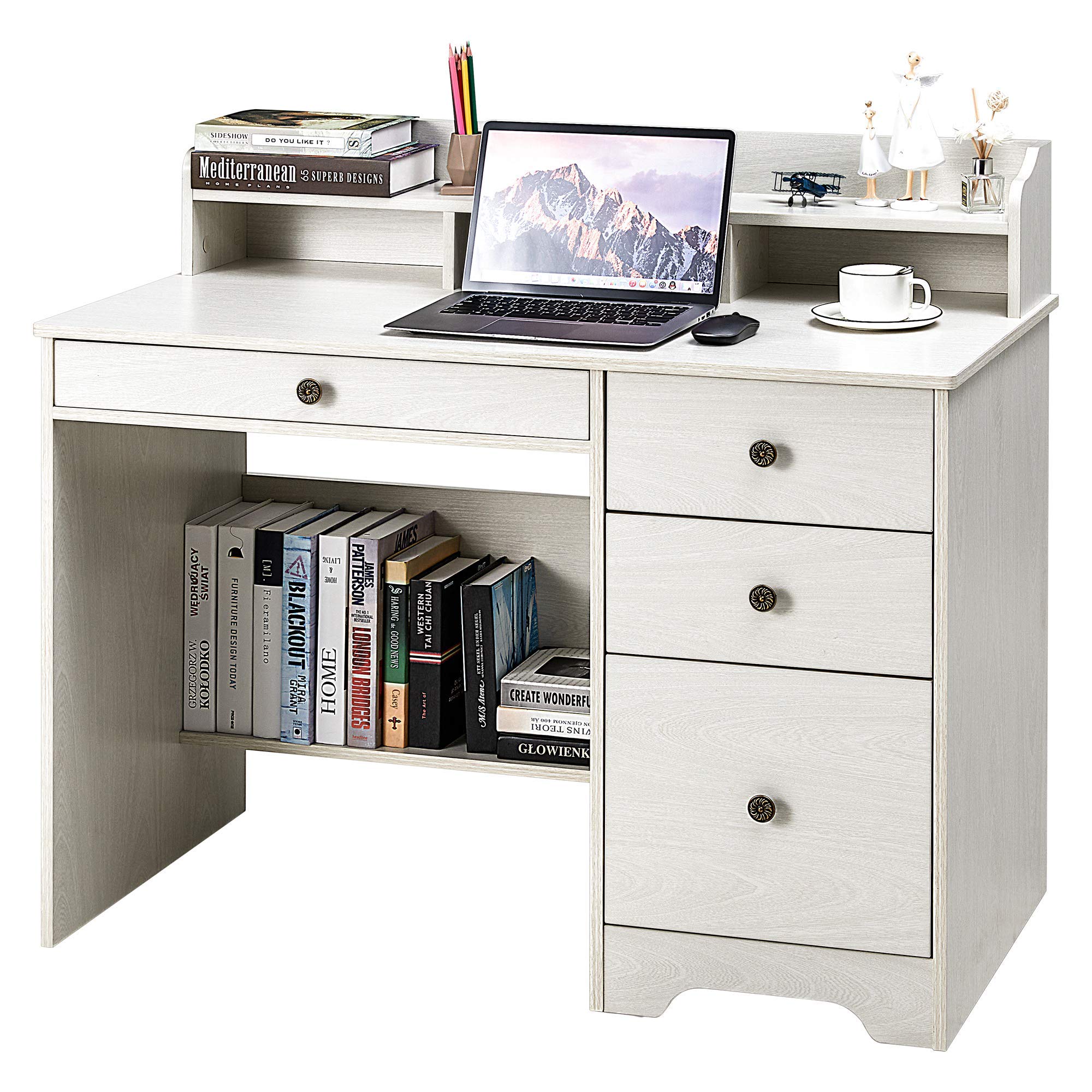 Buy Kealive Computer Desk with 4 Drawers and Hutch Shelf, Wood Frame