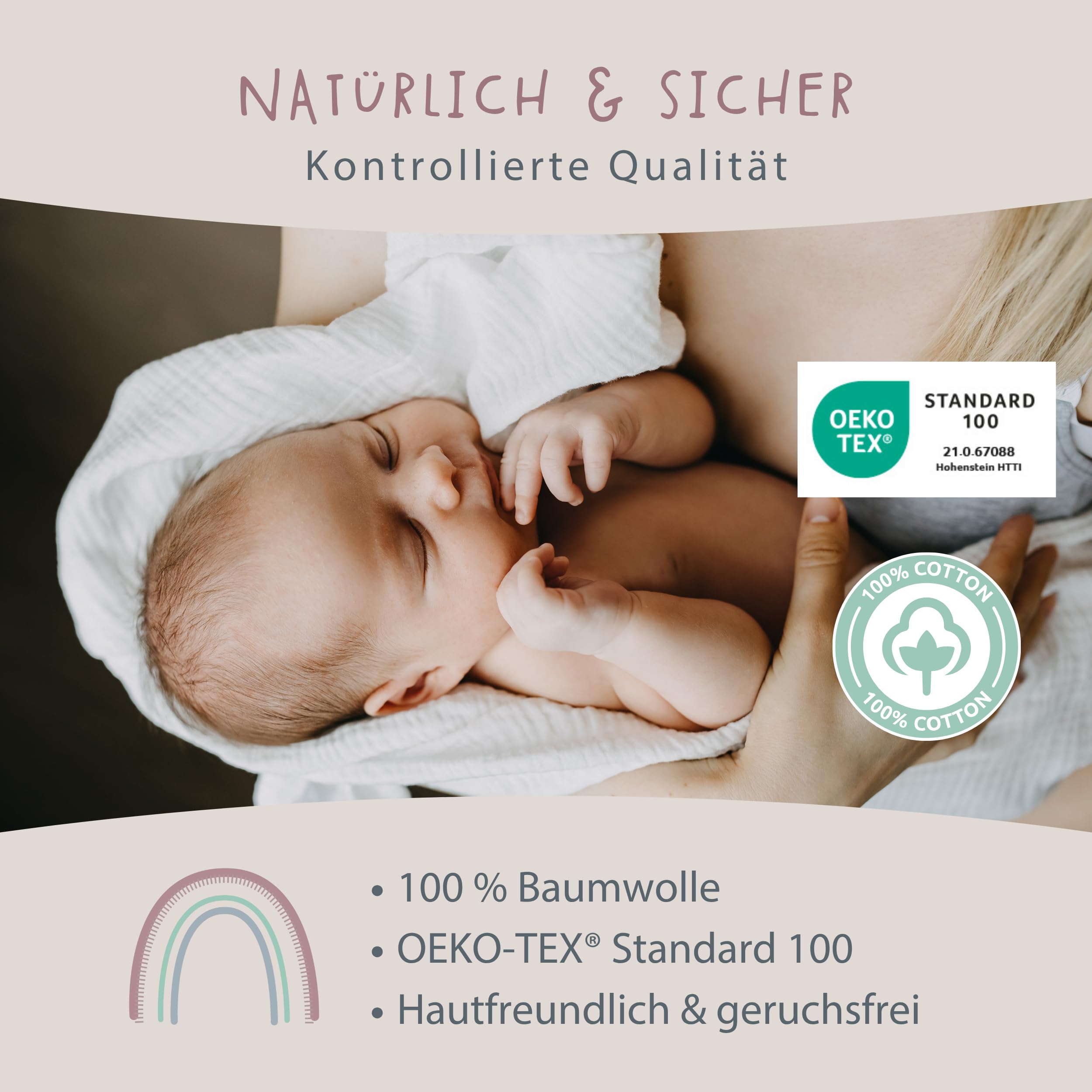 Baby's Comforter Cloths Set of 3 Muslin Squares for Babies 70 x 70 cm 100% Cotton Oeko-Tex Certified Soft and Absorbent Washable at 60 °C Colour: Sage - Image 3