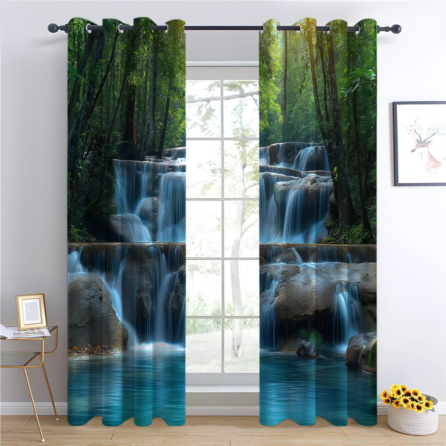 CozyRest Cortinas Opacas con Ojales, Parque de los Amantes del Bosque en Tailandia, Térmicas y Aislantes para Dormitorio o Salón, Cascada y Rocas 150 x 166 cm