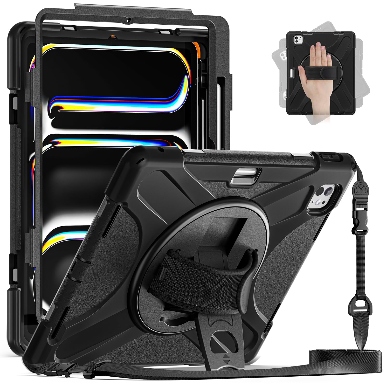 ZenRich Custodia per iPad Pro 13" M5 2025 / M4 2024, custodia protettiva antiurto resistente con cavalletto rotante, cinghia da polso, portapenne, tracolla per iPad Pro 13 2025, nero