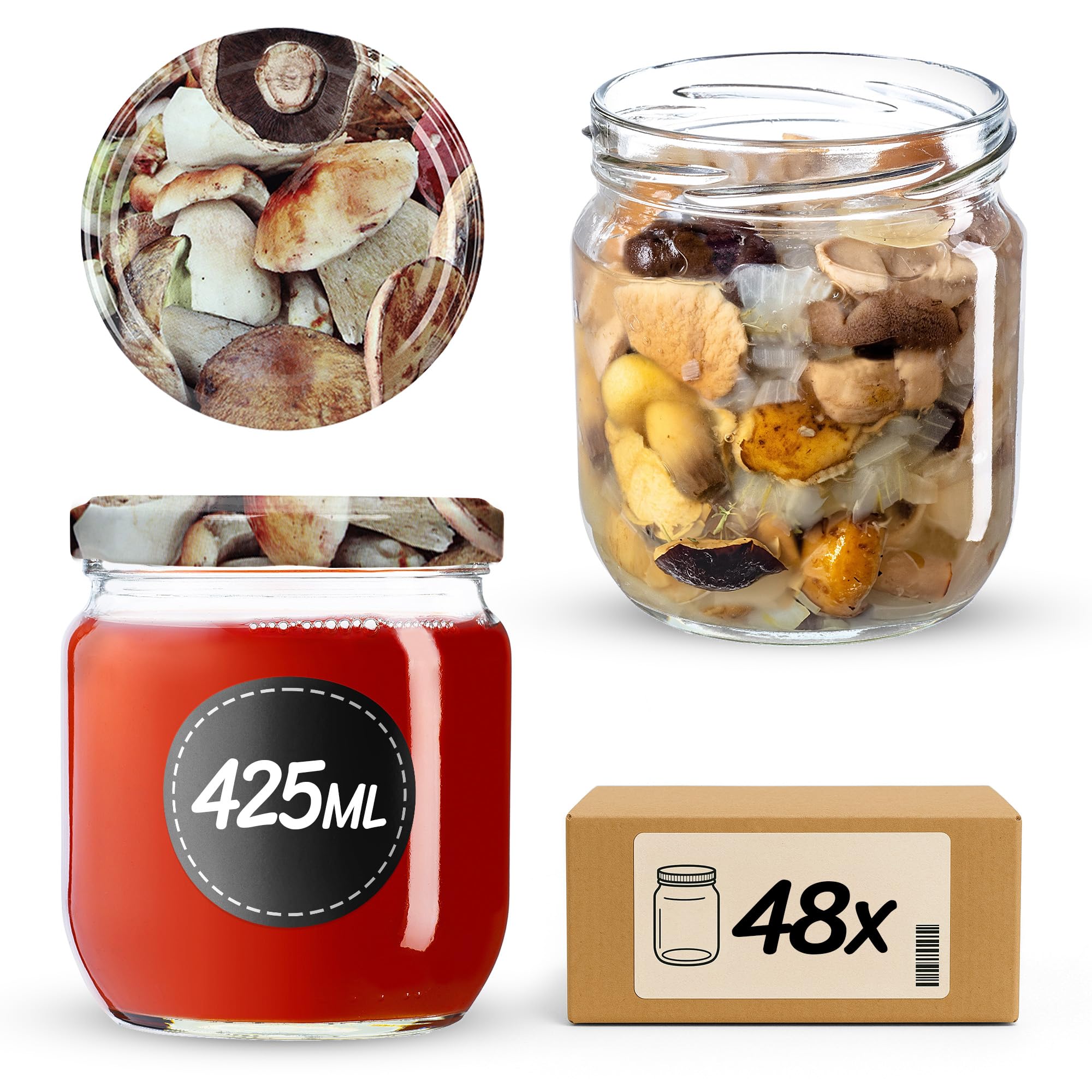 KADAX 48er Set Einmachgläser 425ml TO82 Pilze, Sturzgläser Mason Jar mit Schraubdeckel, Luftdichte Twist-off Gläser, Meal Prep, Overnight Oats, Sauerteig