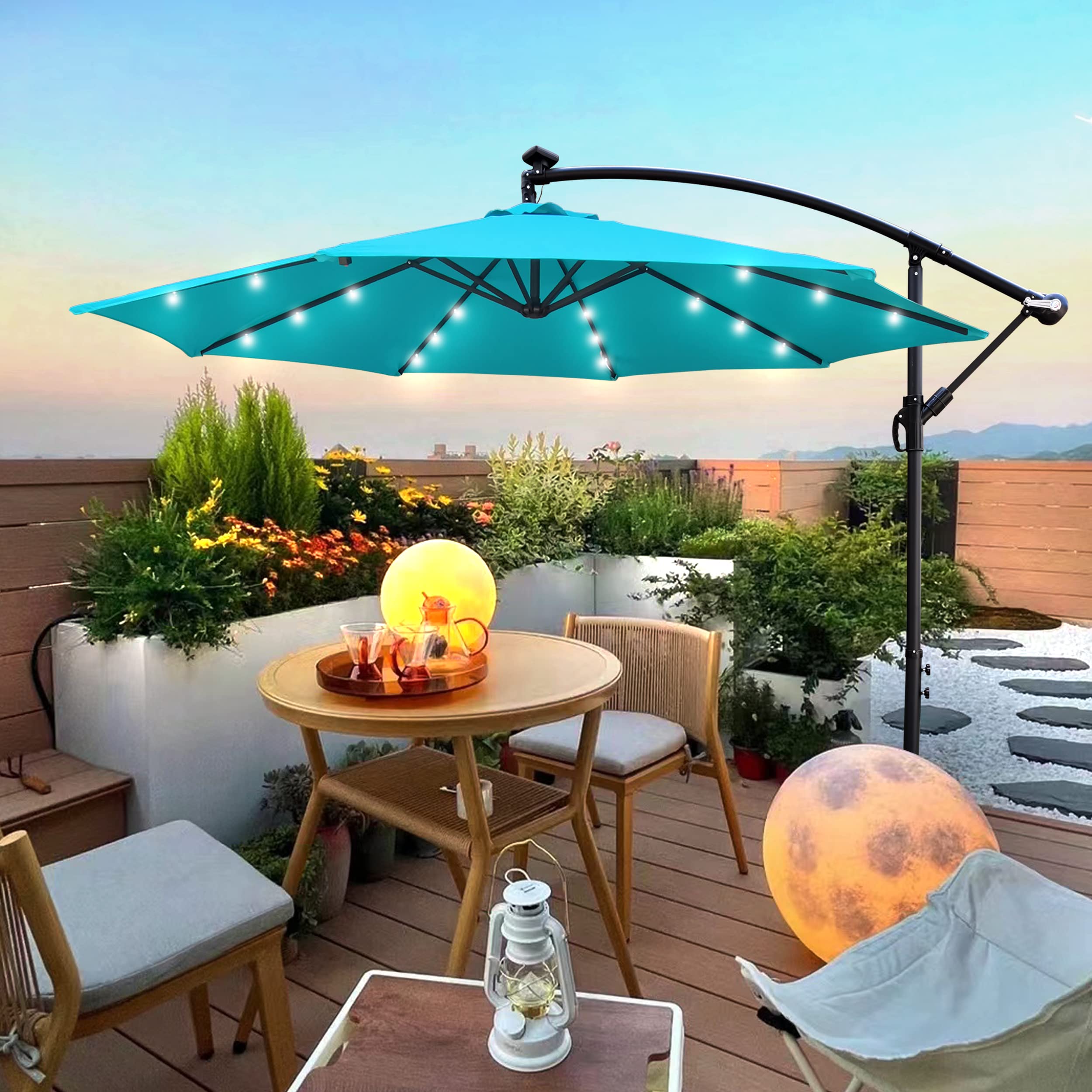 10FT Patio Umbrella, Outdoor Offset Umbrella with Cross Base and Crank, Cantilever Umbrella with Solar Lights, Hanging Market Umbrella with Sturdy 8