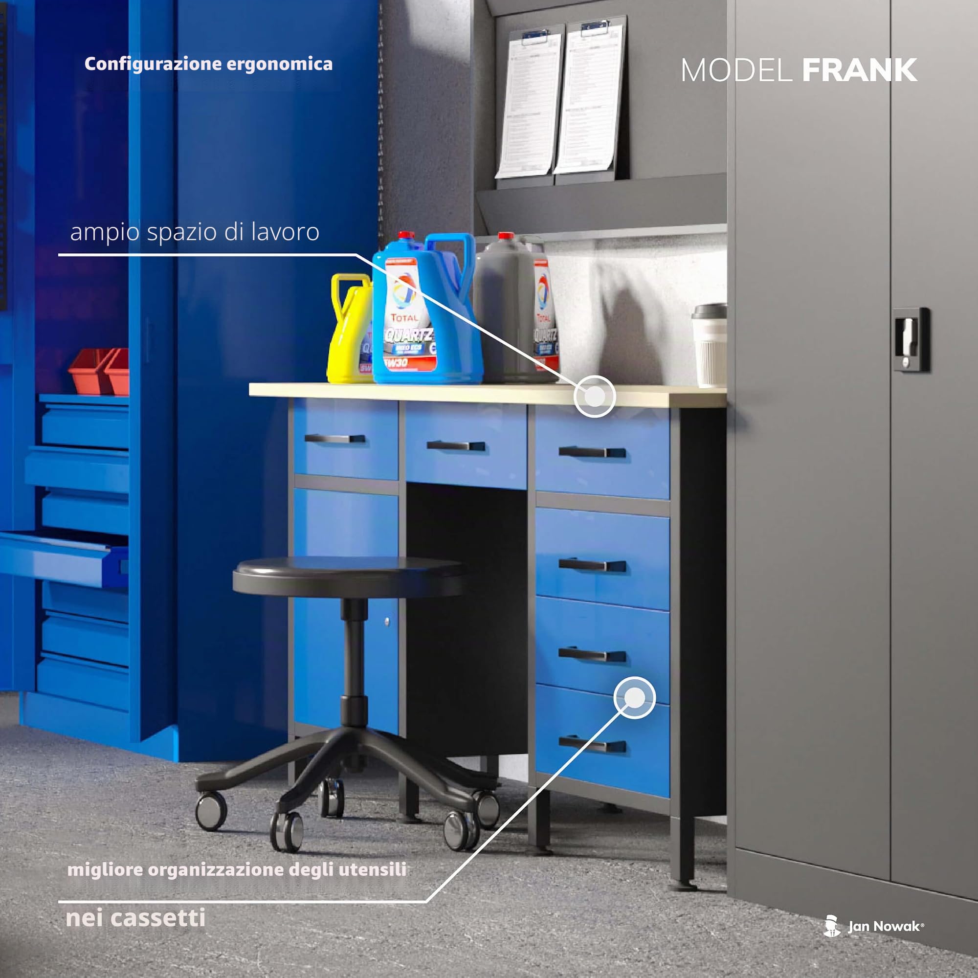 Jan Nowak Banco da lavoro con piano di lavoro con 6 cassetti scomparto con chiave Piedi regolabili Piano di lavoro in MDF Caricabile fino a 500 kg In metallo 170 cm x 60 cm x 85 cm (Nero)