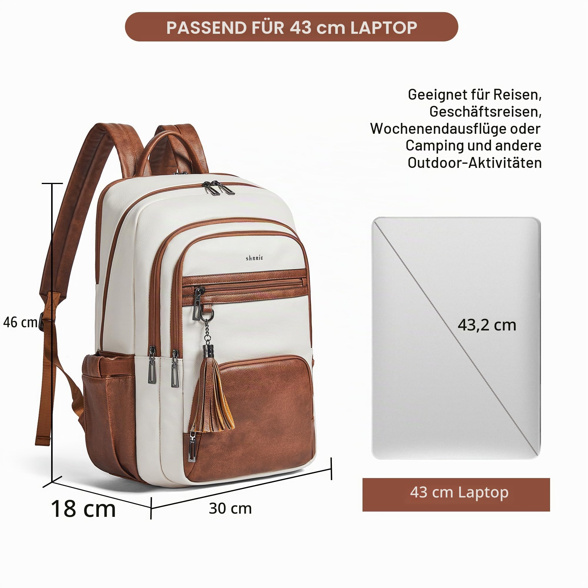 Shrrie 17 Zoll Laptop Rucksack für Frauen, Vegan Leder Rucksack Tasche, 28L Arbeit Business College Reise Computer Rucksäcke mit Tasche Tasche für große Kapazität Tasse & USB-Ladegerät