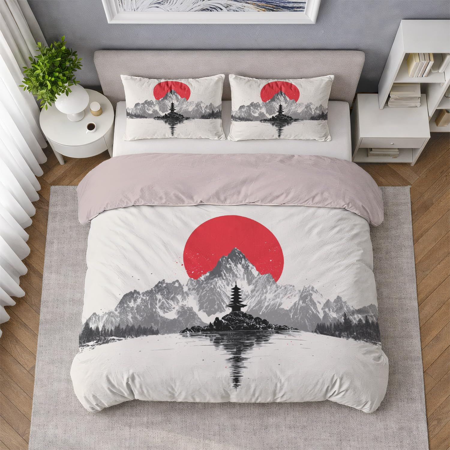 Czerwony klasyczny tradycyjny minimalistyczny zestaw poszewek na kołdrę Pagoda, 3 sztuki, 240 x 220 cm - zestaw pościeli z miękkiej mikrofibry, z zamkiem błyskawicznym i poszewkami na poduszki, można