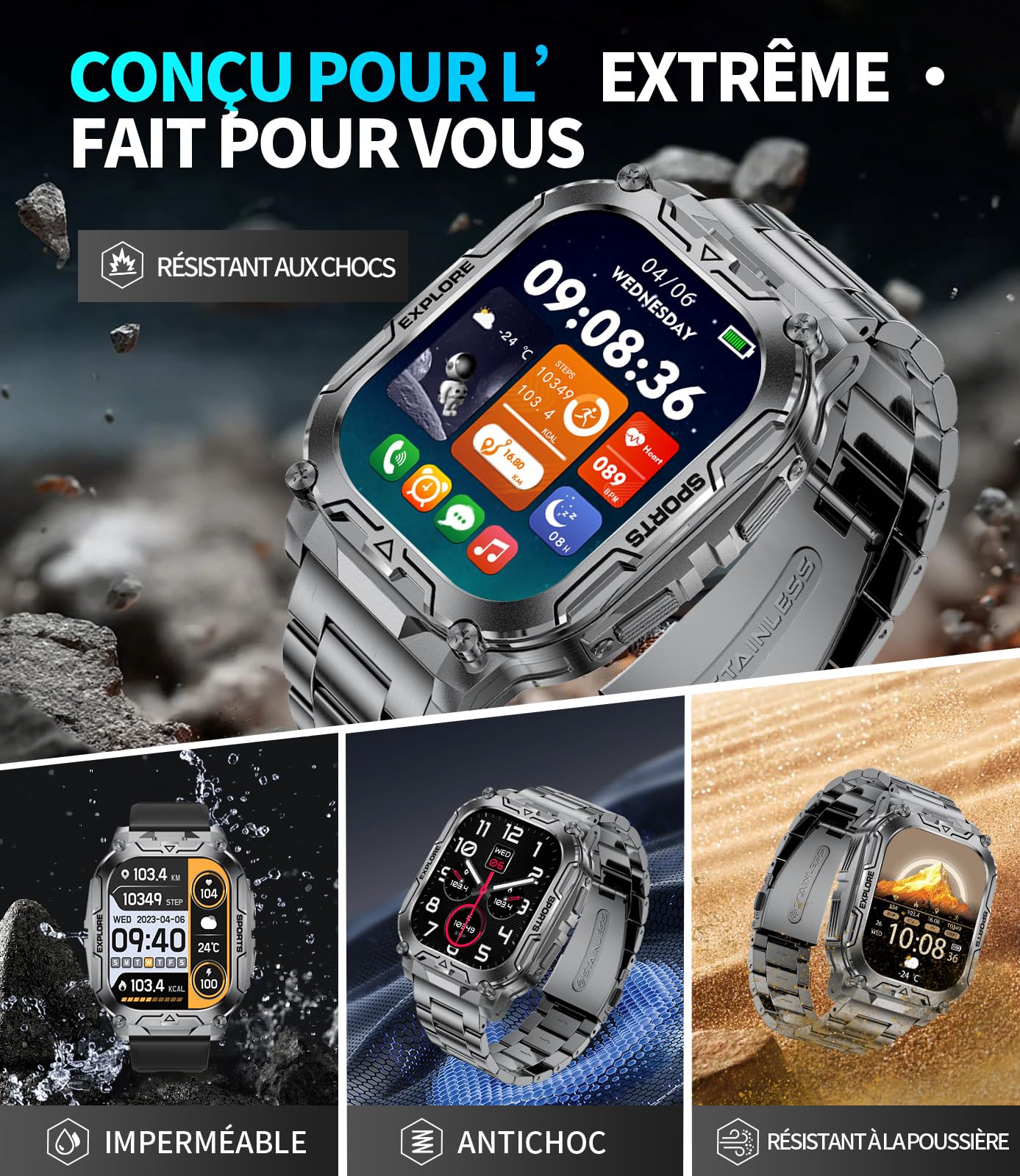 SUNKTA Montre Connectée Homme,1000mAh Longue Autonomie Batterie/1.7‘’ Grand Écran avec Appels/Lampe de Poche/IP68 Étanche Fréquence Cardiaque/Pédomètre,3 Bracelet Smartwatch pour Android iOS