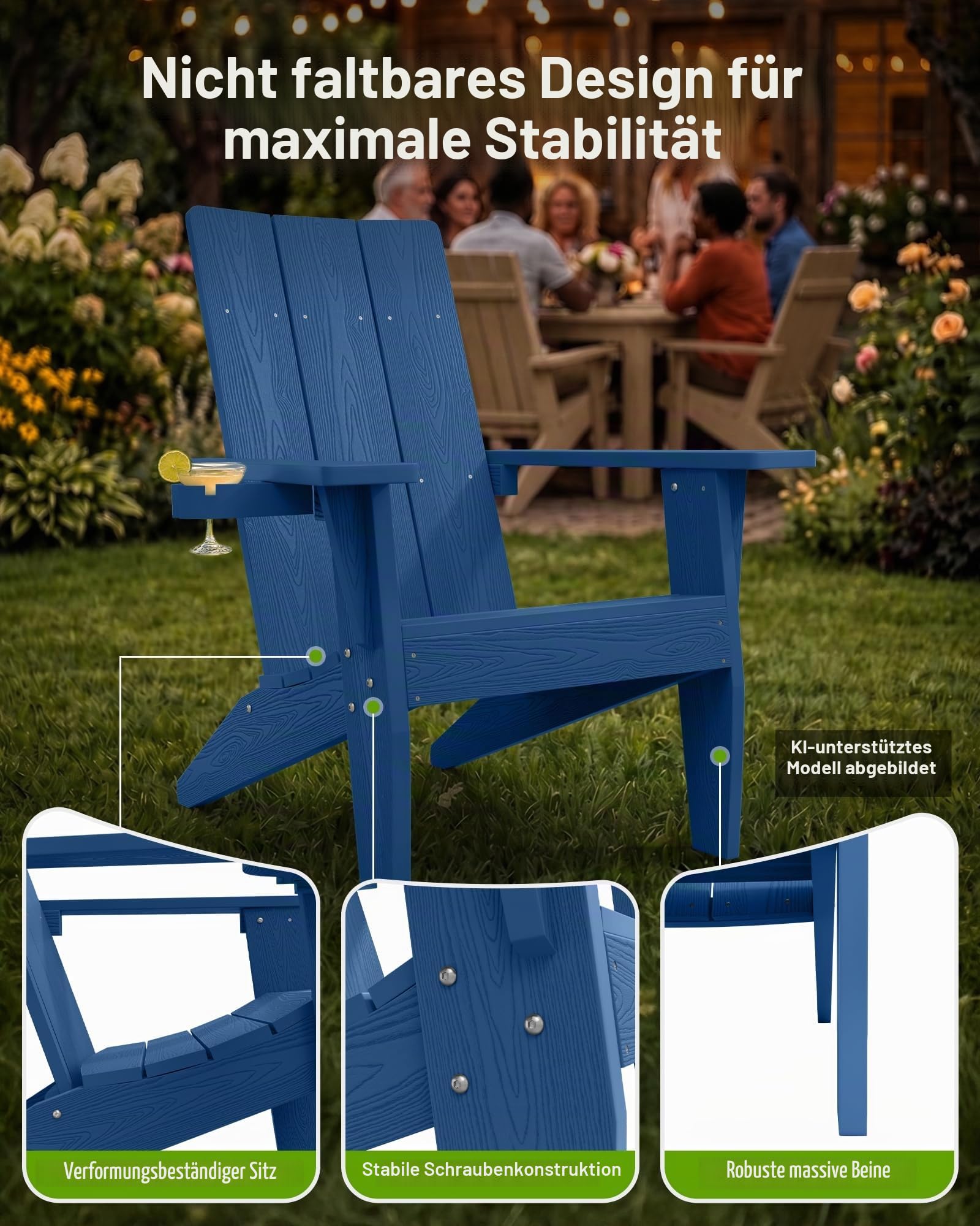 Adirondack Stuhl mit Getränkehalter für Outdoor Garten: Übergröße Adirondack Chair Kunststoff HIPS mit Getränkehalter - Adirondack Gartensessel Wetterfest für Balkon/Terrasse/Feuerstelle/Beach(Navy)