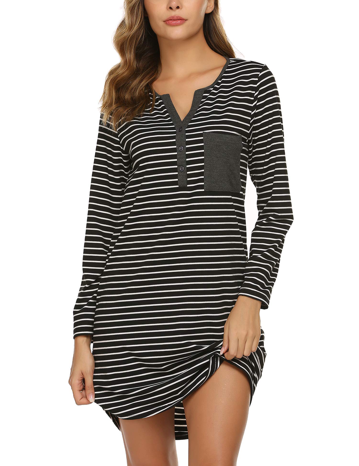 EkouaerWomen's Nightshirt Long Sleeve Button Down Nightgown V-Neck Sleepwear Casual Pajama Dress