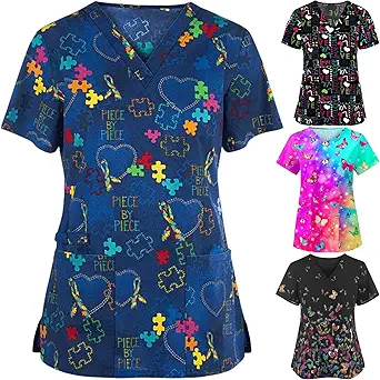 OIOLOYJM Printed Scrub Tops Women V Neck Short Sleeve Plus Size Scrubs for Womens Nursing Uniforms Shirts with Pockets