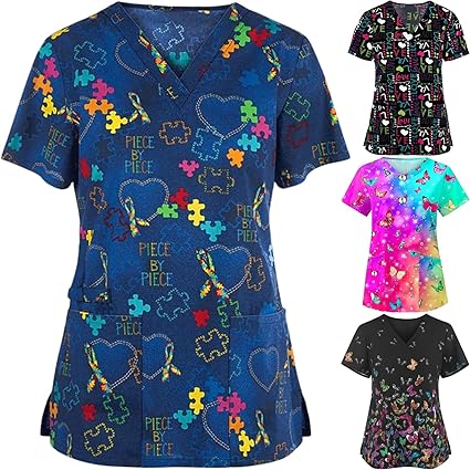 OIOLOYJM Printed Scrub Tops Women V Neck Short Sleeve Plus Size Scrubs for Womens Nursing Uniforms Shirts with Pockets