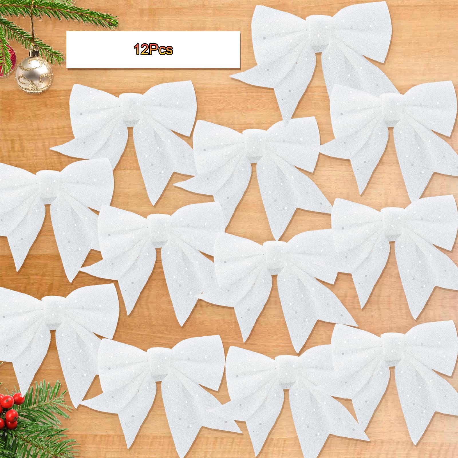YUNSTK 12pcs Glitter Christmas Bows, White Bows for Christmas Tree 5.5in Wreaths Bows Xmas Bow Decorations - Image 4