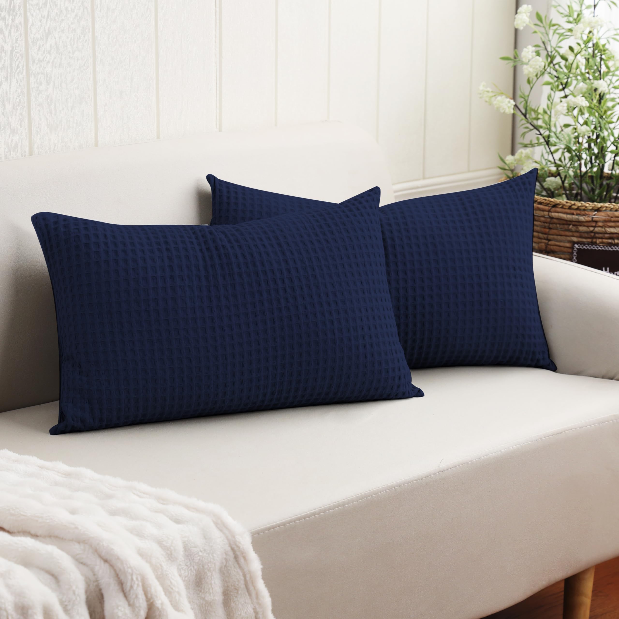 100% Egyptian Cotton 600 TC Waffle Weave Lumbar Pillow Covers 2 Pack