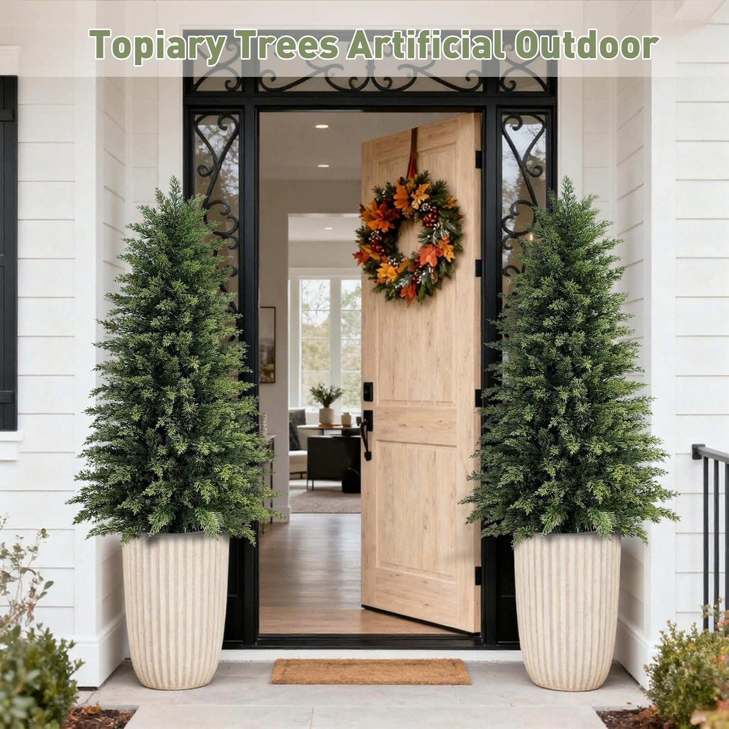 Mavis's Diary 4ft Artificial Cedar Topiary Tree, Set of 1 Realistic Faux Evergreen Shrub Plant in Planter, Indoor Outdoor Fake Cedar Tree for Front Porch, Entryway, Office & Home Decor - Image 6