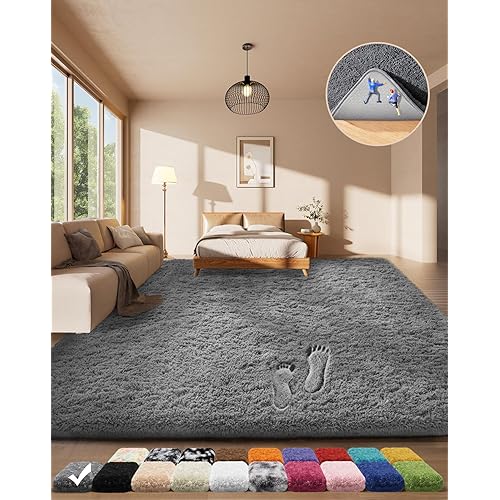 Ophanie Area Rugs for Living Room Bedroom, Upgrade Non-Slip Fluffy Soft Grey Shag Carpet, Indoor Floor Gray 4x6 Fuzzy Shaggy Living Room Plush Rug for Kids Home Dorm Decor Aesthetic