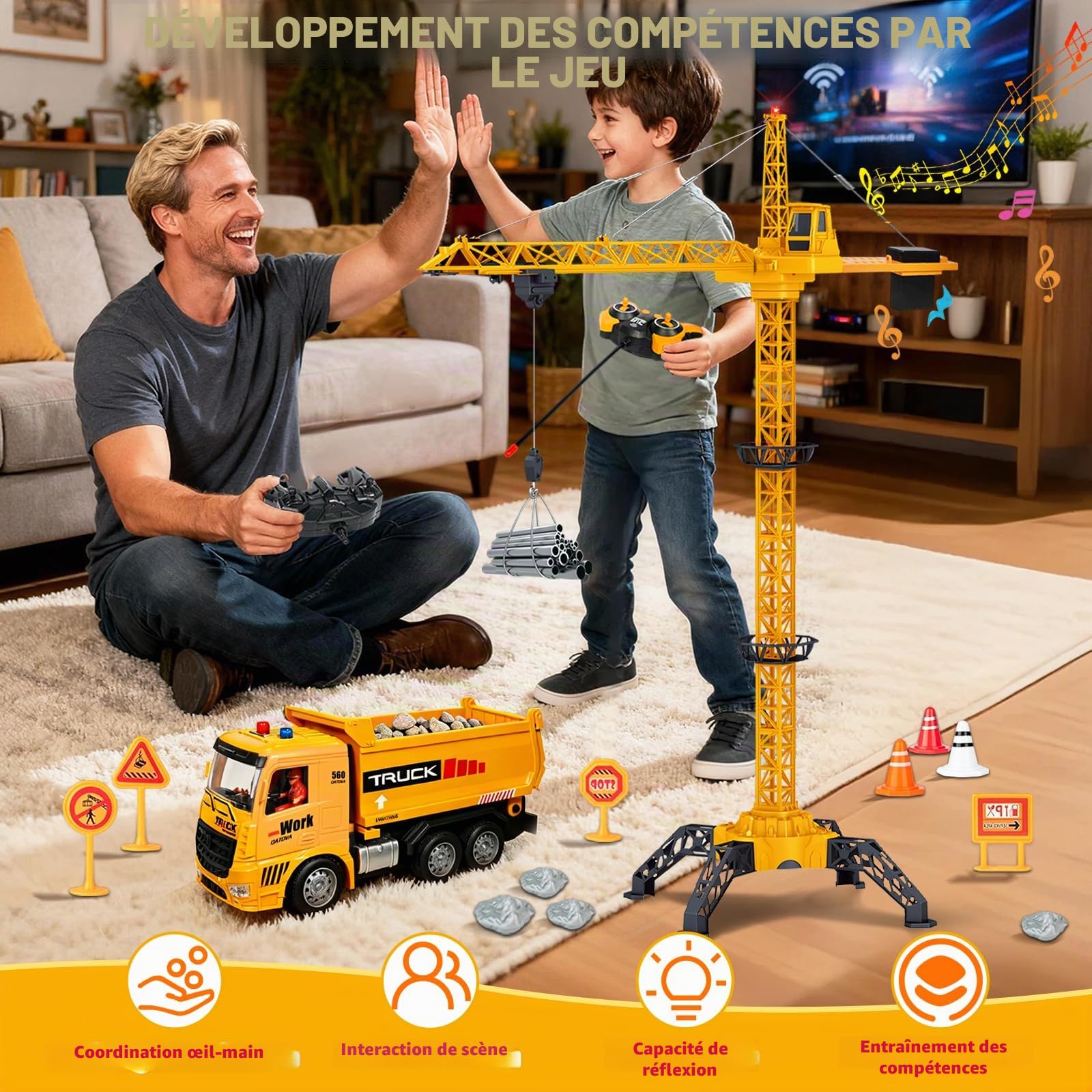 HILKKET Grue à Tour Télécommandée 138 cm, 2,4 GHz RC Grue à Tour Enfant, Gru Crane De Chantier, 680 Degrés de Rotation Gru de Chantier Enfant avec Camion à Benne basculante RC pour Les Garçon