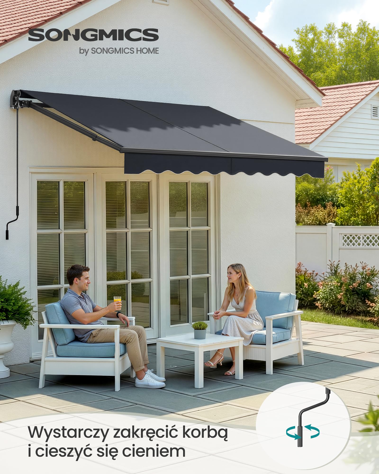 SONGMICS Markiza balkonowa z ramieniem składanym, z korbą ręczną, UPF 50+, stop aluminium, regulowana, 250 x 200 cm, szara GSA256GZ01