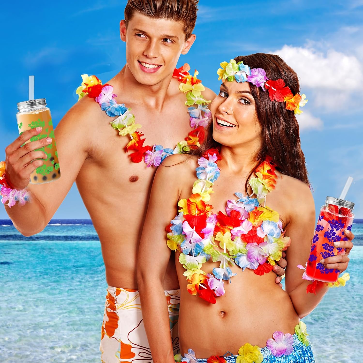 Skylety 30 Pcs 13.5 oz Hawaiian Luau Party Cups with Lids and Straws Hawaiian Hibiscus Party Cups Clear Plastic Tumbler Decorations for Women Sea Summer Birthday Bridal Wedding Reusable Supplies