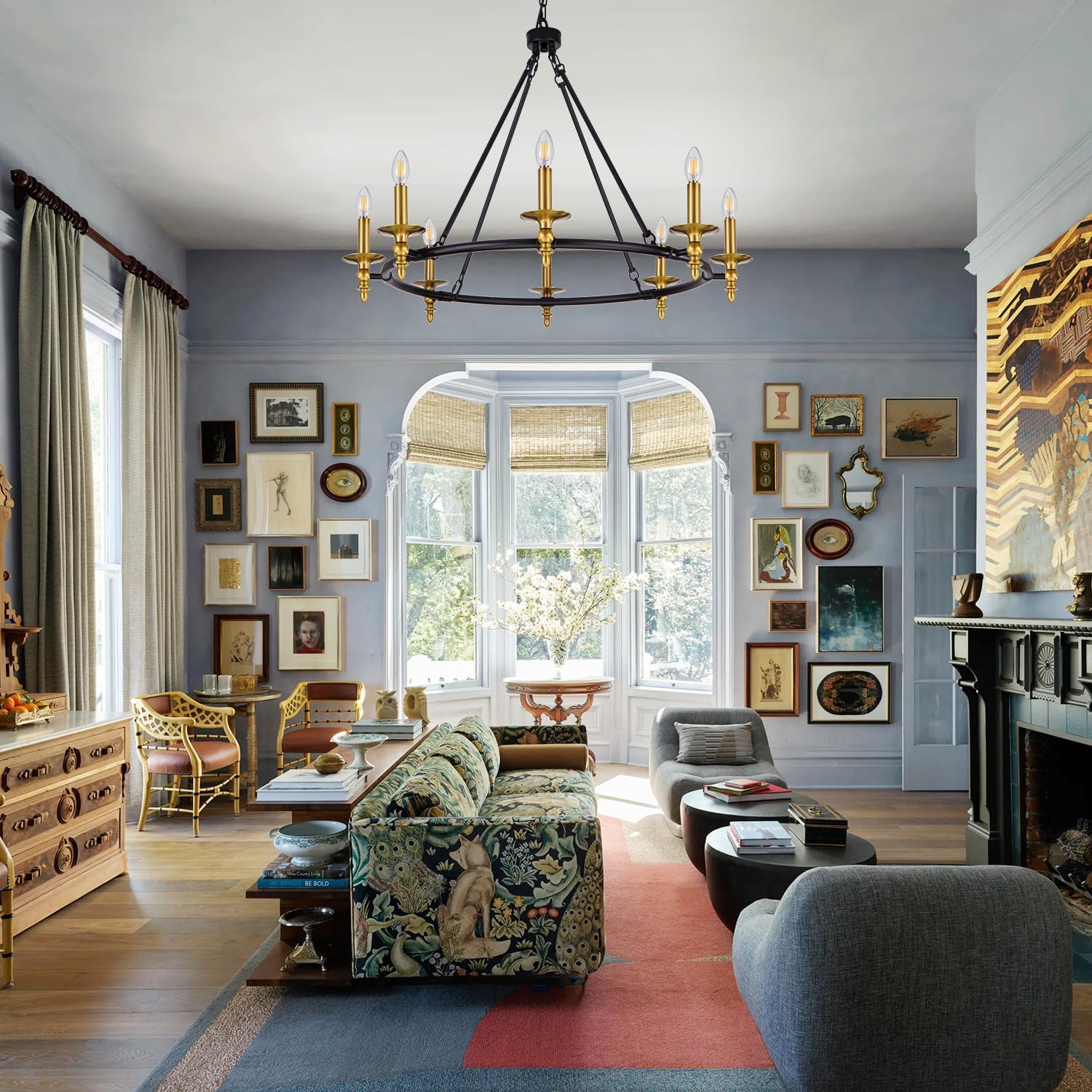 Wellmet Black Gold Wagon Wheel Chandelier, 35inch Diameter Wagon Wheel Chandelier, 8-Light Rustic Wagon Wheel Pendant Light for Living Room, Bedroom, Hallway, Entryway, Dining Room