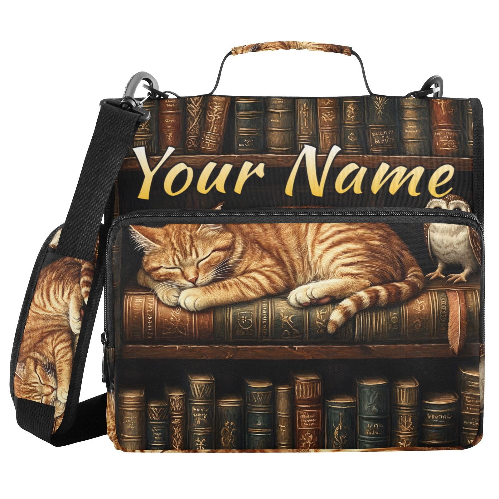 Custom 3 Ring Zipper Binder Funny Cat Owl Personalized Name 1.5 Inch Binders Large Capacity Multi Pockets for School Office Supplies