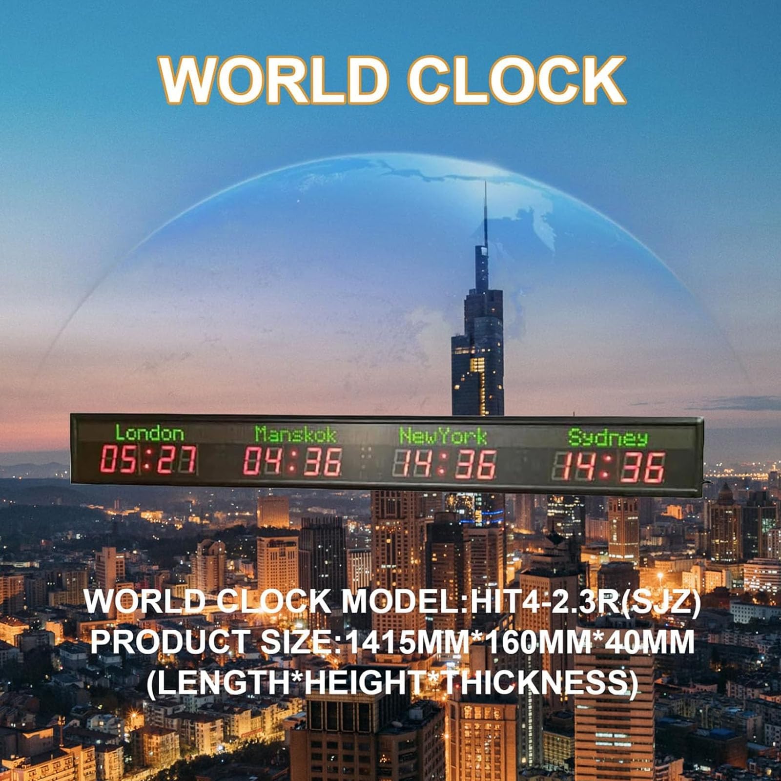 Orologio digitale con orario mondiale, 4 città 12/24 ore, nomi delle città personalizzabili per hotel, aziende e aeroporti