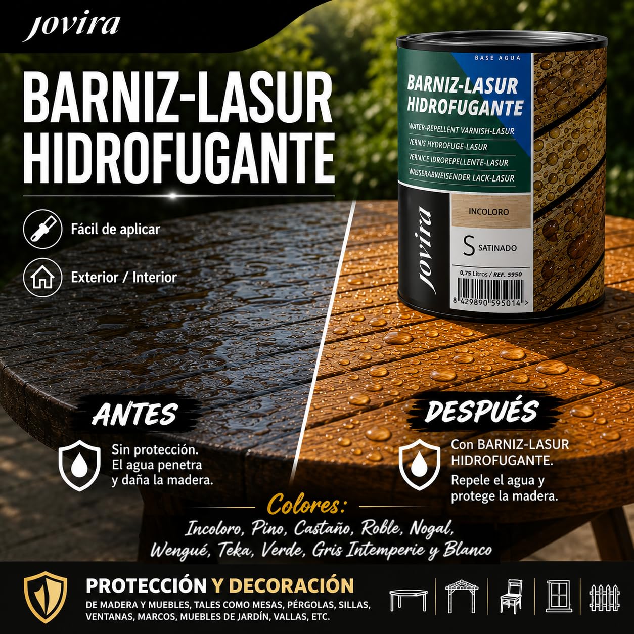 JOVIRA PINTURAS Impregnante legno (3x750 ml Teak) Lasur idrorepellente protettivo satinato all'acqua protegge, decora e impreziosisce tutti i tipi di legno. (3x750 Millilitri, Teak) A-33-3
