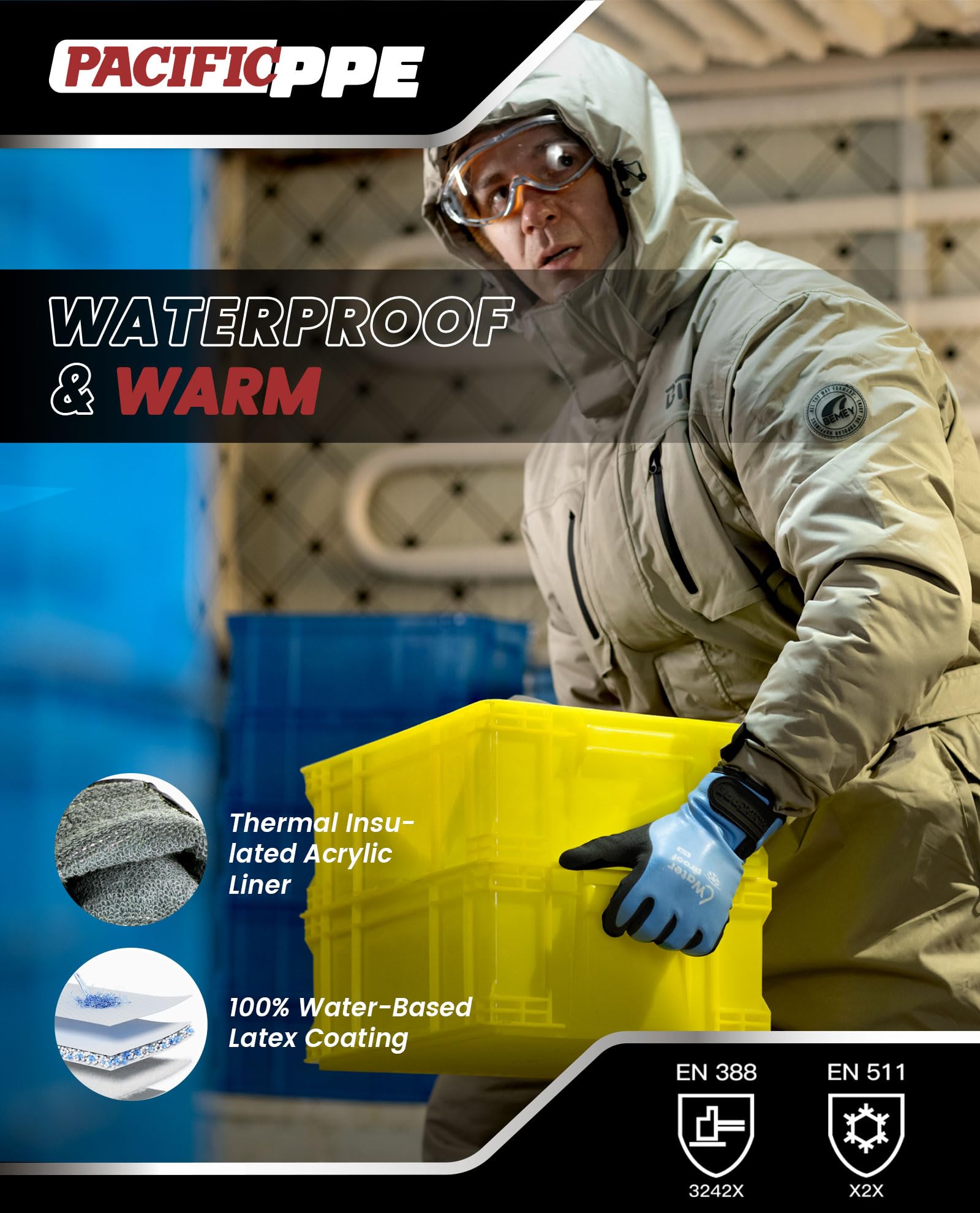 PACIFIC PPE Winter Work Gloves for Men and Women, 100% Waterproof Thermal Insulated Freezer Gloves for Cold Weather, Super Grip, Blue, Large