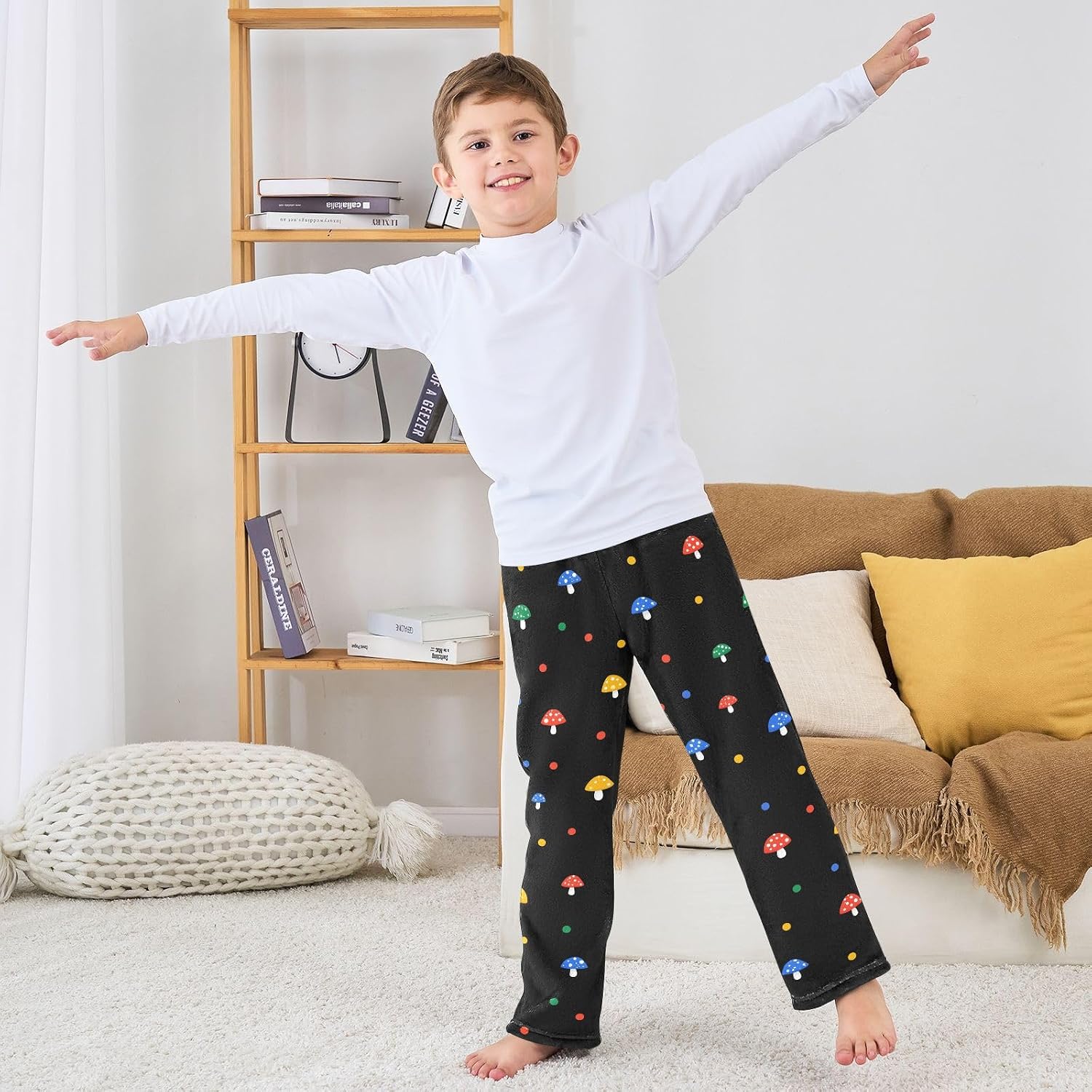 Colorful Mushrooms Dot Boys Pants for Kids Fleece Bottoms Long Jogger Pants Trousers with Pockets Size 6-14Y