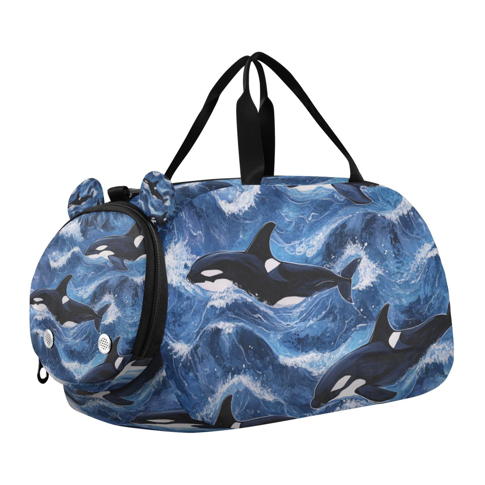 Glaphy Blue Cartoon Sharks Duffle Bag for Toddler Boys Girls, Gym Sports Bag with Shoe Compartments, Kids Travel Overnight Weekender Shoulder Bag