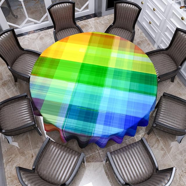 VVA Vintage Rainbow Round Tablecloth,Retro Plaid Design Checkered Squares Colored Geometric Pattern Circular Table Cloth for Family Dinners or Gatherings, Indoor Outdoor Events or Parties 70''