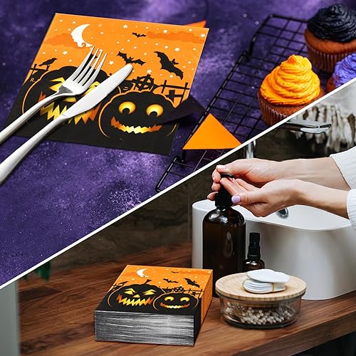 Miniatura 6 de 100 servilletas de Halloween de papel, calabazas de papel, cócteles, bebidas, almuerzo, servilletas de cena, suministros de fiesta, decoraciones de
