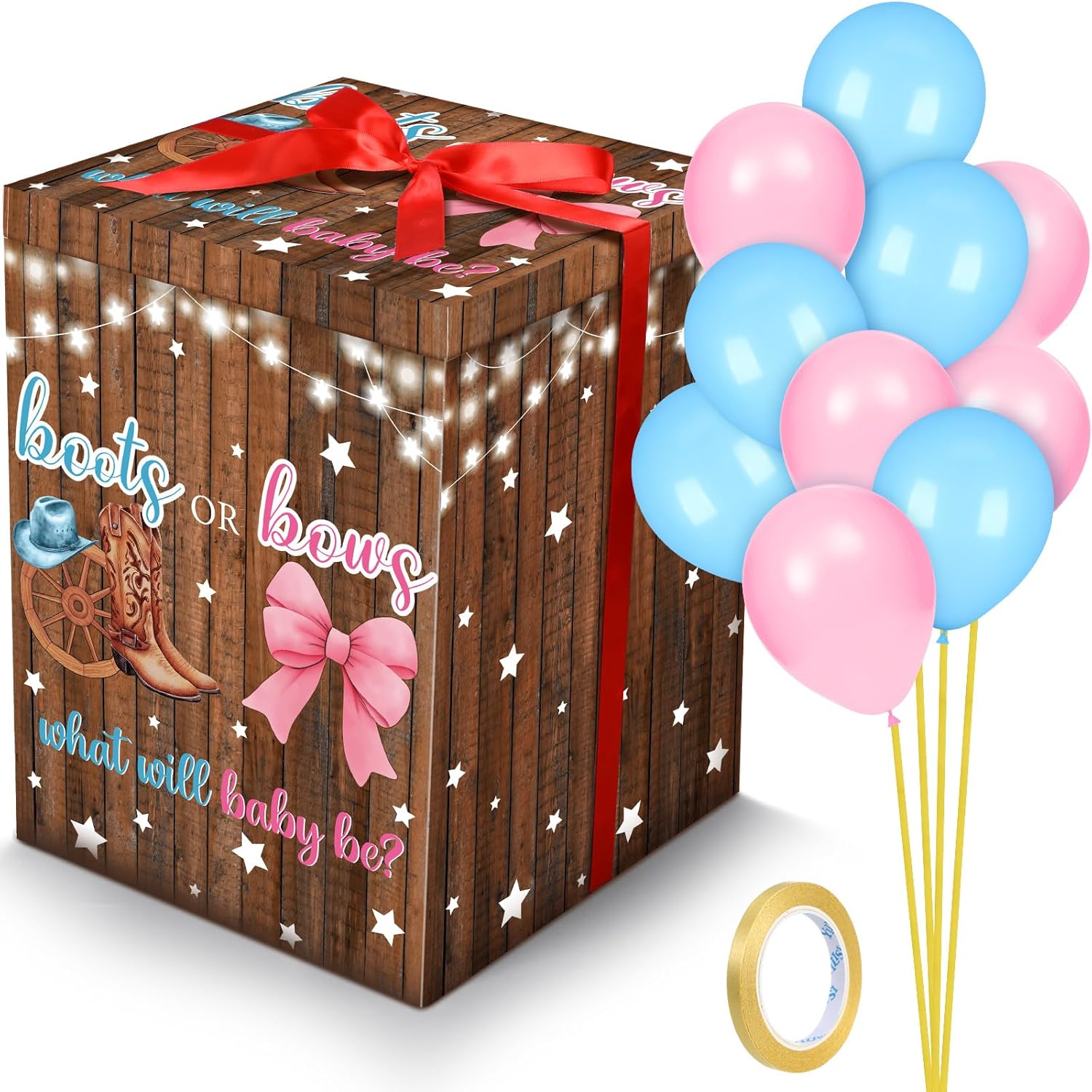 Hungdao Gender Reveal Balloon Box with Ribbon and 10 Pink and Blue Balloons Gender Reveal Games He or She Open to See for Party Decoration 12"x12"x16"(Boho Bear)