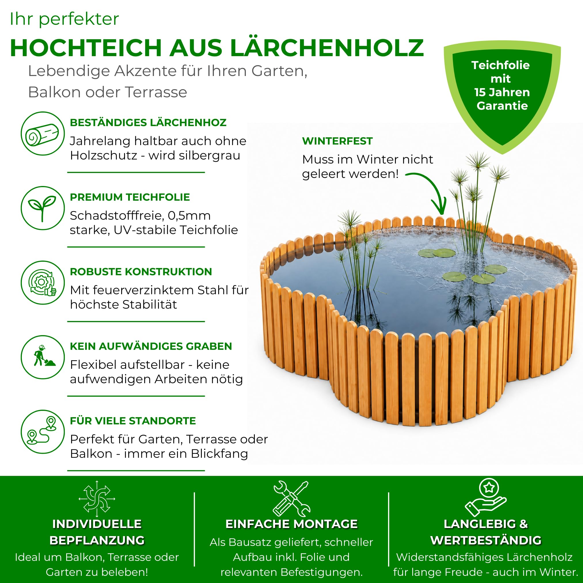 Beckmann Hochteich Lärche 120x120x44 cm 530 L I Holz Terrassenteich I Teichbecken & Fertigteich für den Garten I Winterfestes & langlebiges Komplettset inkl. Teichfolie