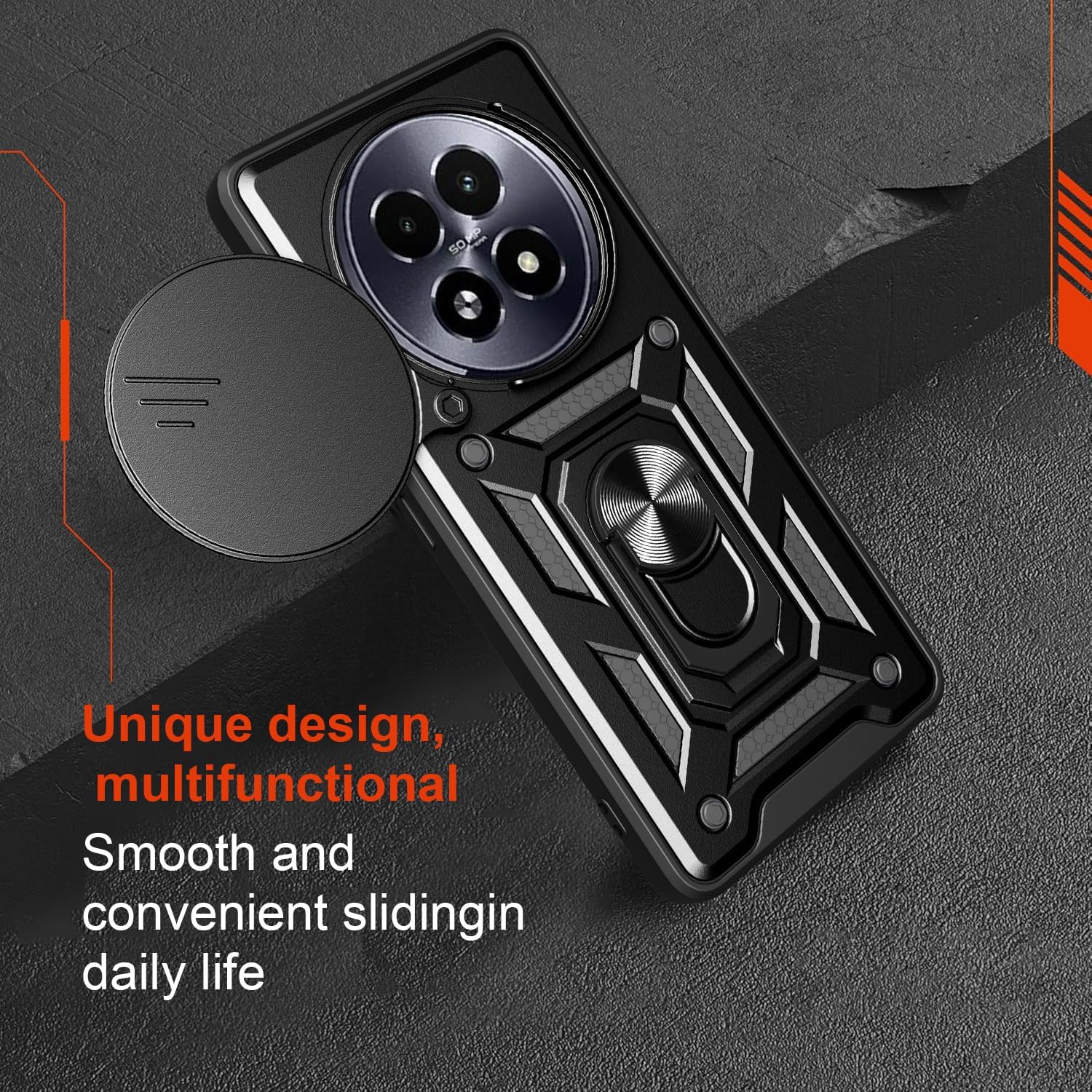 Case for Huawei Honor Magic 7 Pro with Tempered Glass Screen Protector,Sliding Camera Window, Kickstand, Shock-Proof Anti-Scratch Dual-Layer Phone Cover, Black - Image 4