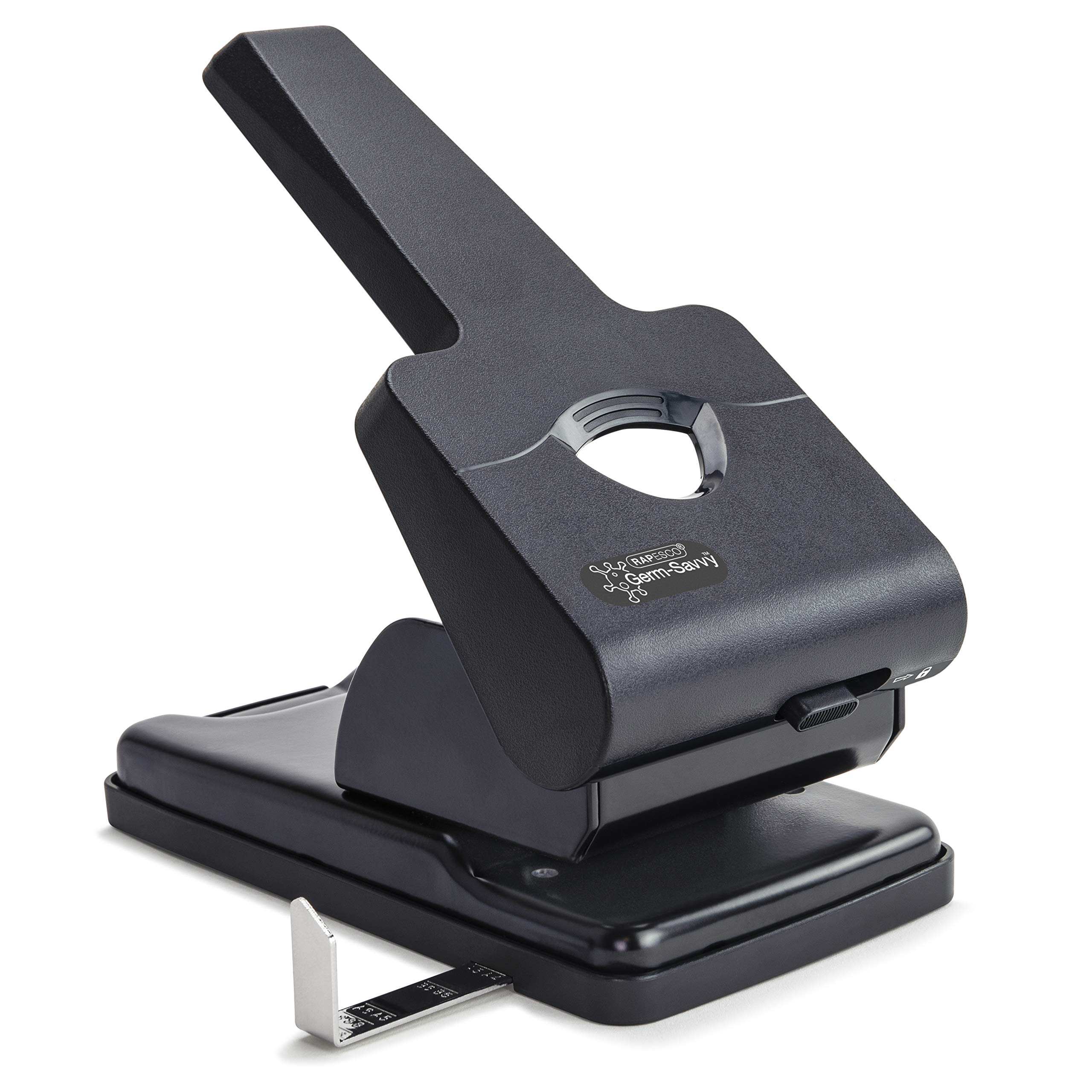 Rapesco 1631 Germ-Savvy Antibacterial HD865-P 2-Hole High Thickness Punch, Black, Metal, Plastic